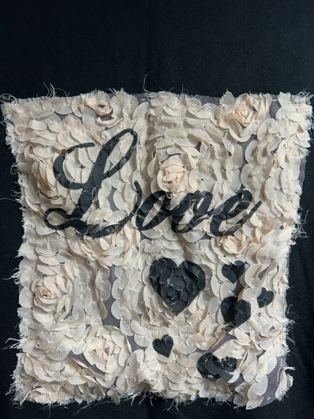Zara Black Short-Sleeve Top with Cream Floral Patch and 'Love' Script - Picture 2 of 4